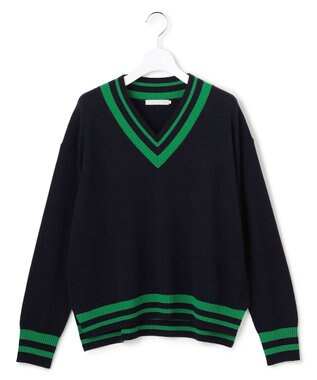ICB ハイゲージソフトウール チルデンVネックプルオーバー ネイビー×グリーン系