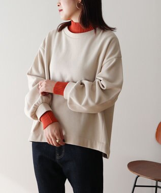 Green Parks 配色リブニットドッキング裏起毛プルオーバ Beige