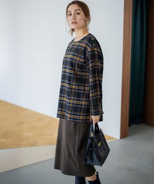 23区 L 【Lサイズ限定】ブラッシュド ビエラチェック ノーカラーブラウス ネイビー系