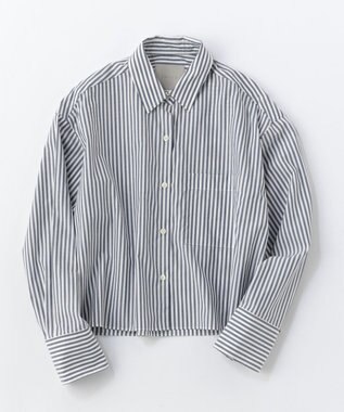 UNFILO 【抗菌防臭】イージーケア クロップド シャツ ネイビーストライプ