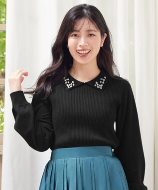 Tiaclasse 【洗える】襟ビジュー付きニットプルオーバー