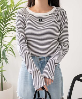 WEGO ワンポイントデザインフィンガーホールリブロンT ホワイトボーダー