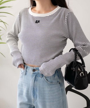 WEGO ワンポイントデザインフィンガーホールリブロンT ホワイトボーダー