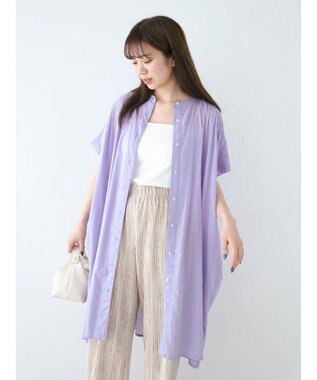 Green Parks インド綿　パイピングバンドカラーシャツチュニック Purple