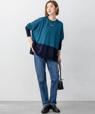 23区 S 【洗える】ウーステッドウール カラーブロック ニット ターコイズ×ネイビー