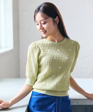 【洗える】ハーフスリーブ ハート刺繍 ニット