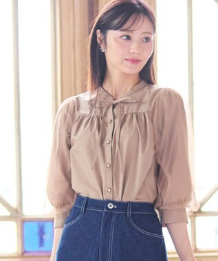 Feroux 袖チュールリボンスキッパー ブラウス ベージュ系