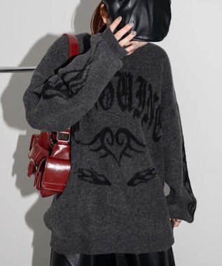 WEGO モチーフグラフィックフラッフィーニットプルオーバー ダークグレー