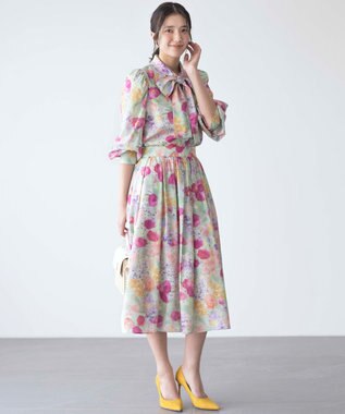 組曲 【前後着用可】ピオニーシフォンプリント ボウタイブラウス ピンク系5