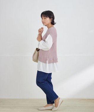 Tiaclasse L ベストドッキングトップスチュニック ピンク×オフホワイト