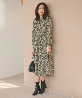 Feroux 【洗える】フラワープリントラッフル ワンピース ブラック系2