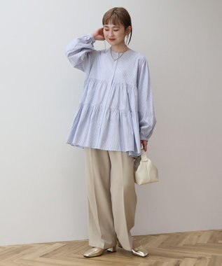 AMERICAN HOLIC ティアードギャザーブラウス Stripe Sax