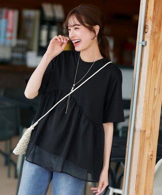 Tiaclasse 【洗える】 ストライプチュール切替トップス ブラック