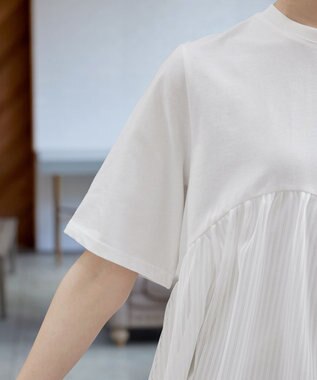 Tiaclasse 【洗える】 ストライプチュール切替トップス ホワイト