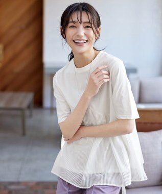 Tiaclasse 【洗える】 ストライプチュール切替トップス ホワイト