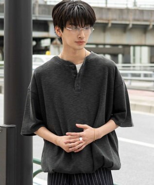 WEGO 【ユニセックス着用ITEM/MLサイズ展開】スラブヘンリーネックT（SS） ブラック中濃色