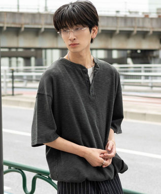 WEGO 【ユニセックス着用ITEM/MLサイズ展開】スラブヘンリーネックT（SS） ブラック中濃色