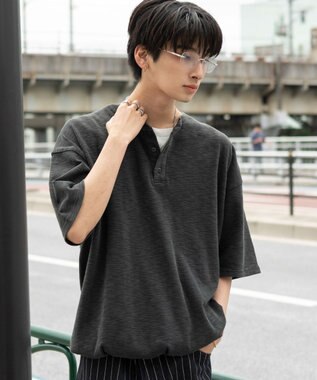 WEGO 【ユニセックス着用ITEM/MLサイズ展開】スラブヘンリーネックT（SS） ブラック中濃色