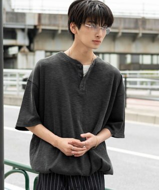 WEGO 【ユニセックス着用ITEM/MLサイズ展開】スラブヘンリーネックT（SS） ブラック中濃色