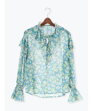 Te chichi フラワープリントフリルブラウス ブルー