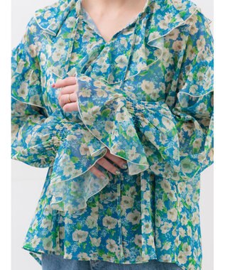 Te chichi フラワープリントフリルブラウス ブルー