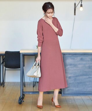 Tiaclasse L 【洗える】1枚で着映えするプリーツニットワンピース モーヴピンク