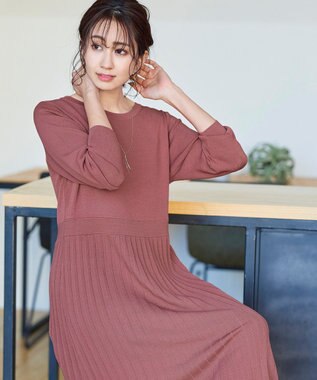 Tiaclasse L 【洗える】1枚で着映えするプリーツニットワンピース モーヴピンク