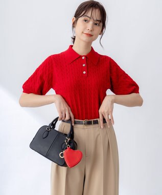 組曲 L ポロ襟 ニットプルオーバー レッド系