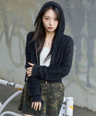 WEGO 【25秋冬新作】シャギーニットジップパーカー ブラック