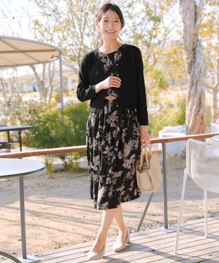 Tiaclasse 【2点セット】ニットボレロ＋花柄ワンピースセット ブラック×ブラック