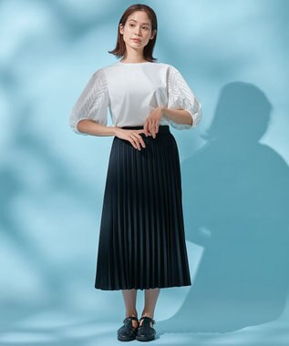 ANY 【ウエストゴム】リネンライクエアーヴィンテージ プリーツスカート ネイビー