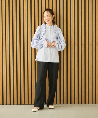 #Newans 【洗濯機可能/シワになりにくい】〈春名亜美さんコラボ〉ショルダーフリルブラウス サックス