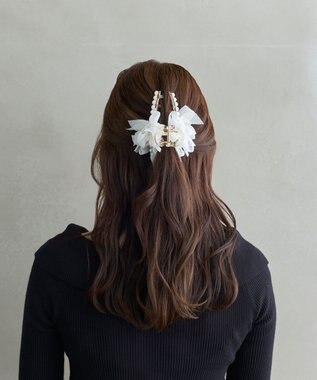 Phoebe フリルリボンパールバンスクリップ　ホワイト ホワイト