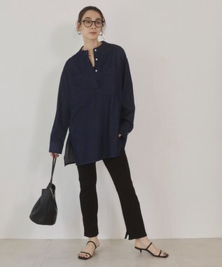 WEGO 【ANGIE VINTAGE】襟が選べる デニム チュニック シャツ （バンドカラー/レギュラーカラー） ネイビー