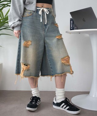 VETEMENTS ダメージ加工 ハーフパンツ メンズ ダメージ加工 デニム ハーフパンツ 男女兼用 ストリート