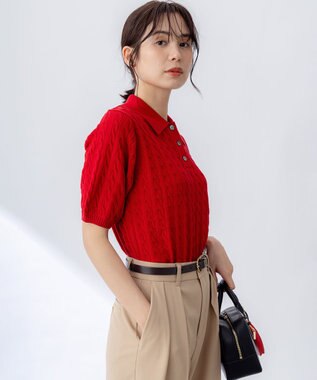 組曲 L ポロ襟 ニットプルオーバー レッド系