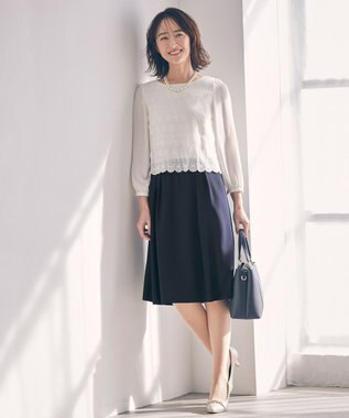 ANY SIS L 【洗える】レースコンビバックサテン ワンピース ネイビー