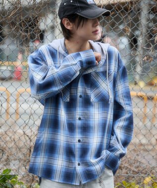 WEGO 【ユニセックス着用ITEM/MLサイズ展開】オンブレチェックフードシャツ（LS） ブルーチェック1