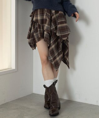 WEGO アシンメトリーチェックミニスカパン ブラウン