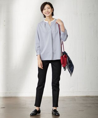 J.PRESS LADIES L ピンストライプジャージー バンドカラー スキッパー カットソー ライトグレー系1