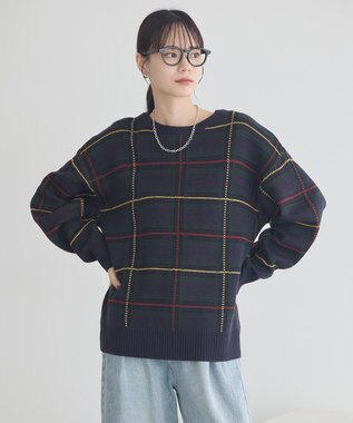 earth music&ecology チェックジャガードニットプルオーバー Check Navy