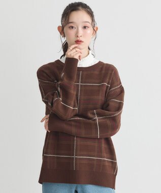 earth music&ecology チェックジャガードニットプルオーバー Check Brown