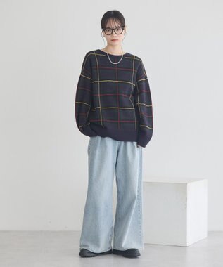 earth music&ecology チェックジャガードニットプルオーバー Check Navy