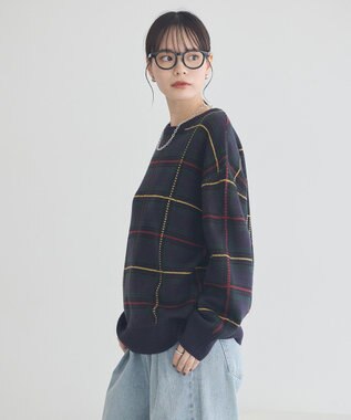 earth music&ecology チェックジャガードニットプルオーバー Check Navy