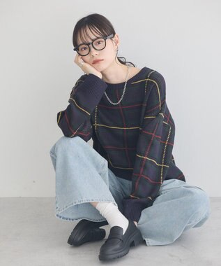 earth music&ecology チェックジャガードニットプルオーバー Check Navy