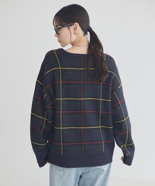 earth music&ecology チェックジャガードニットプルオーバー Check Navy