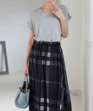 Tiaclasse L 【洗える】ビジュー付きフレンチニット ライトグレー