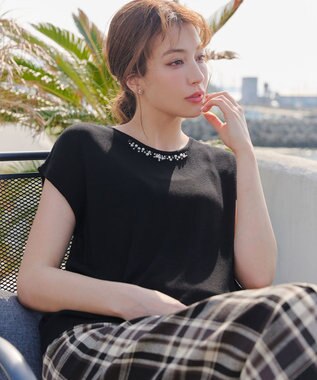 Tiaclasse L 【洗える】ビジュー付きフレンチニット ブラック