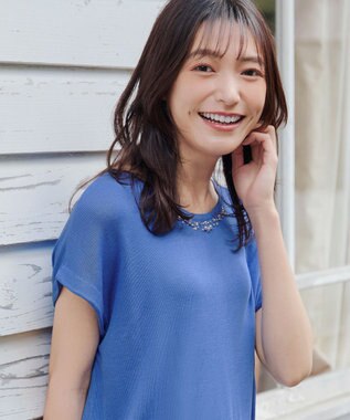 Tiaclasse L 【洗える】ビジュー付きフレンチニット ブルー