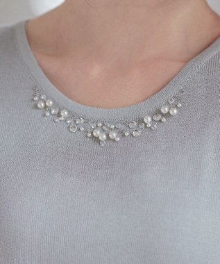 Tiaclasse L 【洗える】ビジュー付きフレンチニット ライトグレー